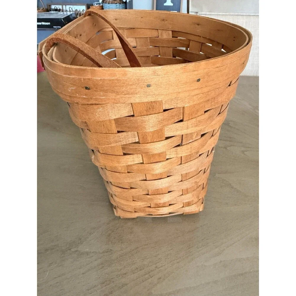 Vintage Handwoven Hanging Basket By -9th century Leather Handle 9” H
